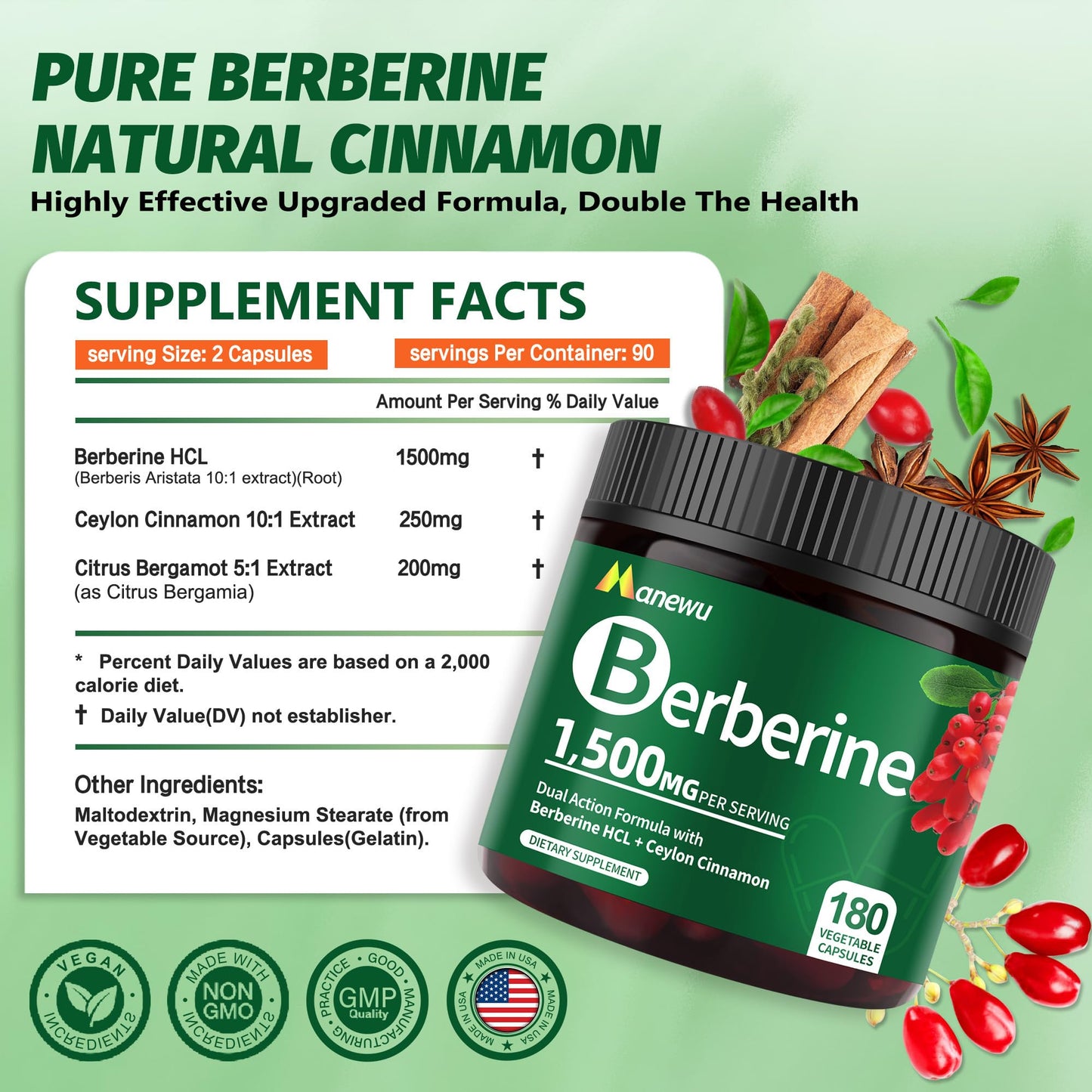 Manewu Berberine HCL 1500mg Complex Capsule, 180 Count