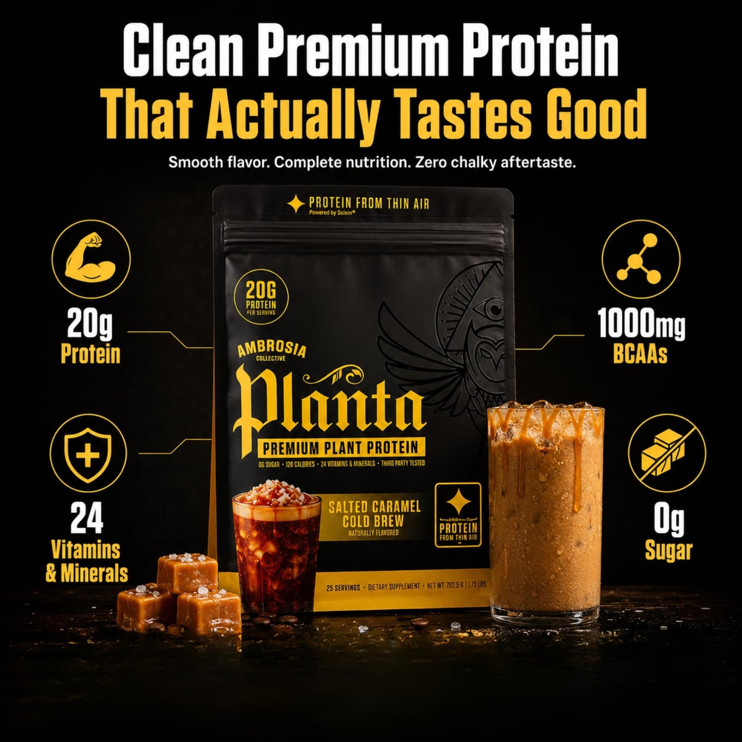 Ambrosia Plant Based Protein Powder Salted Caramel Cold Brew 1.75 Pounds