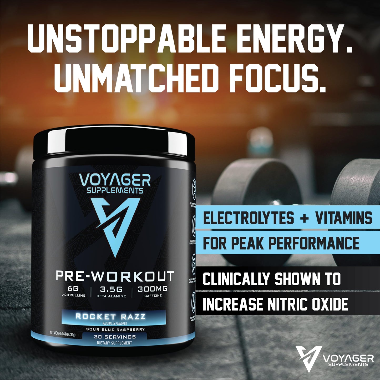 Voyager Supplements Pre-Workout Rocket Razz Powder 25 Servings
