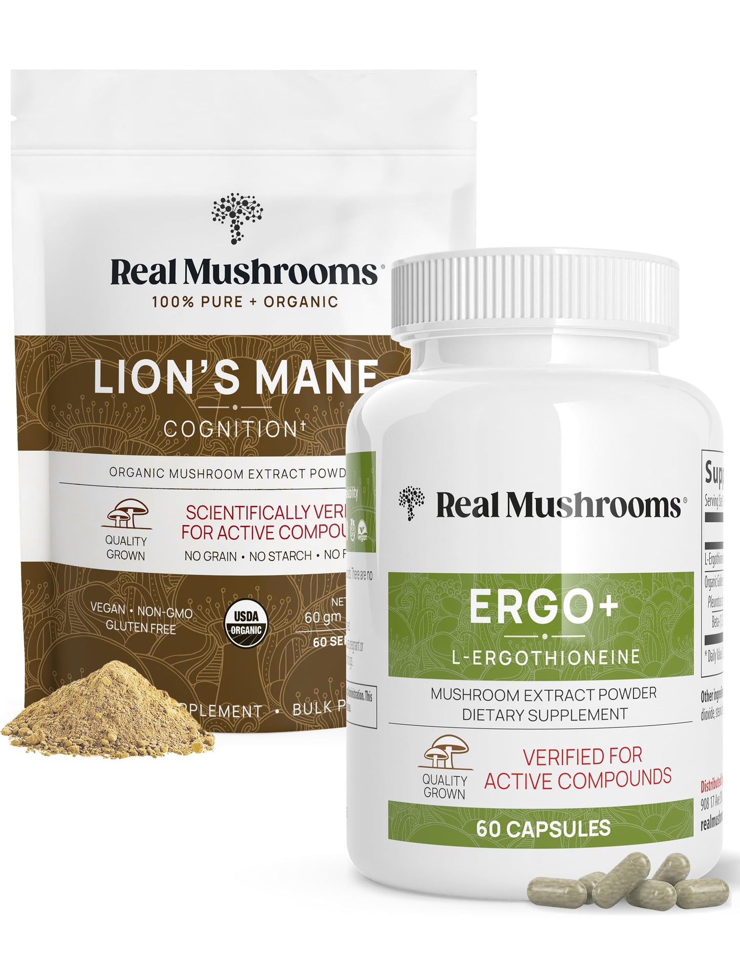 Real Mushrooms Ergothioneine and Lion’s Mane Organic Powder Bundle with Shiitake and Oyster Mushroom Extracts, 2-Pack