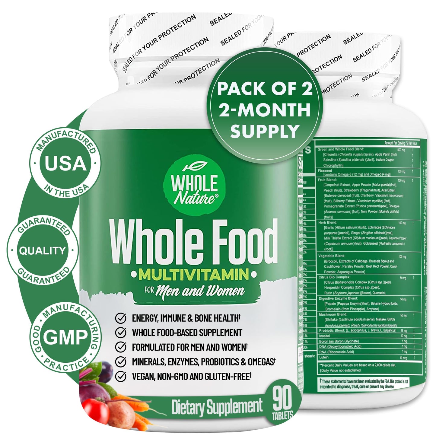 Whole Nature Whole Food Multivitamin for Men and Women Complete Daily Superfood Vitamins Plus Minerals Digestive Enzymes Probiotics and Omegas Plant Based Multi Vitamin Non GMO Capsule 90 Count
