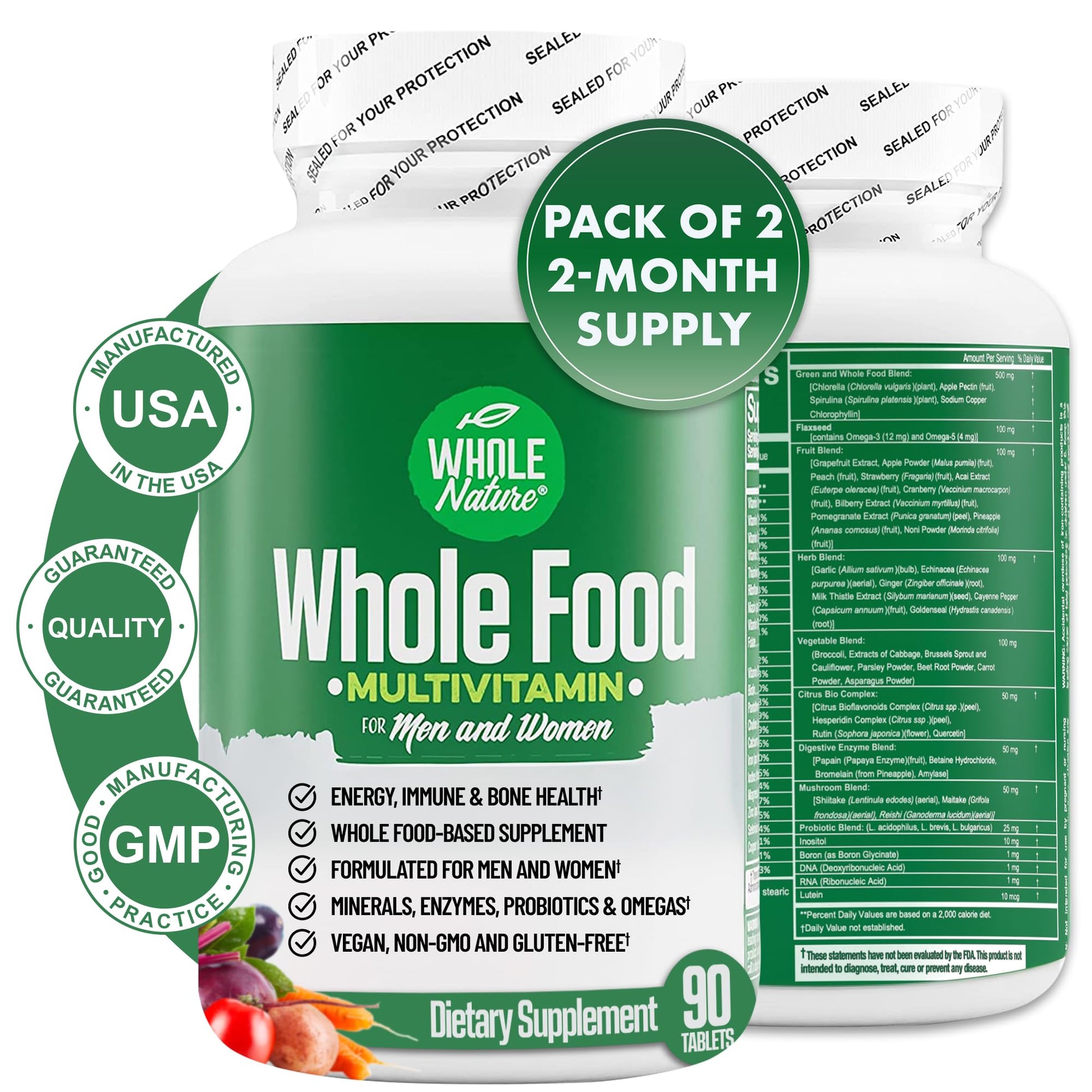 Whole Nature Whole Food Multivitamin for Men and Women Complete Daily Superfood Vitamins Plus Minerals Digestive Enzymes Probiotics and Omegas Plant Based Multi Vitamin Non GMO Capsule 90 Count