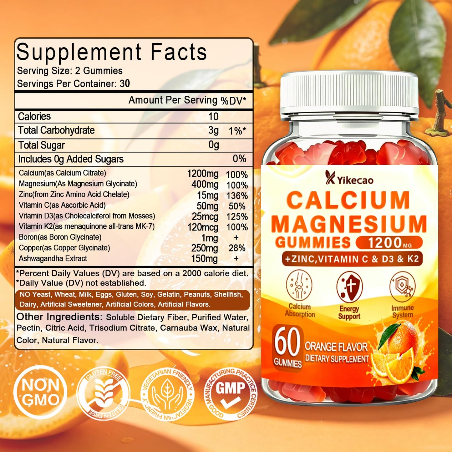 Yikecao Calcium Magnesium Zinc Gummies with Vitamin D3 K2, 60 Gummies