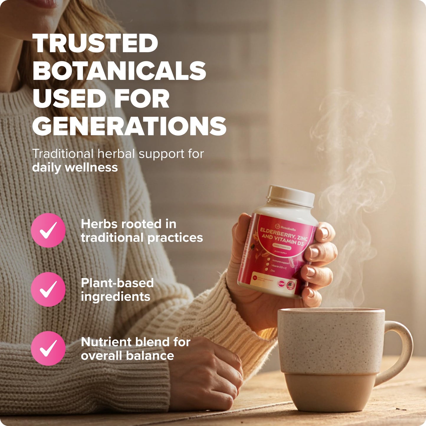 Rosabella Elderberry, Zinc & Vitamin D3 Capsules 90 Count