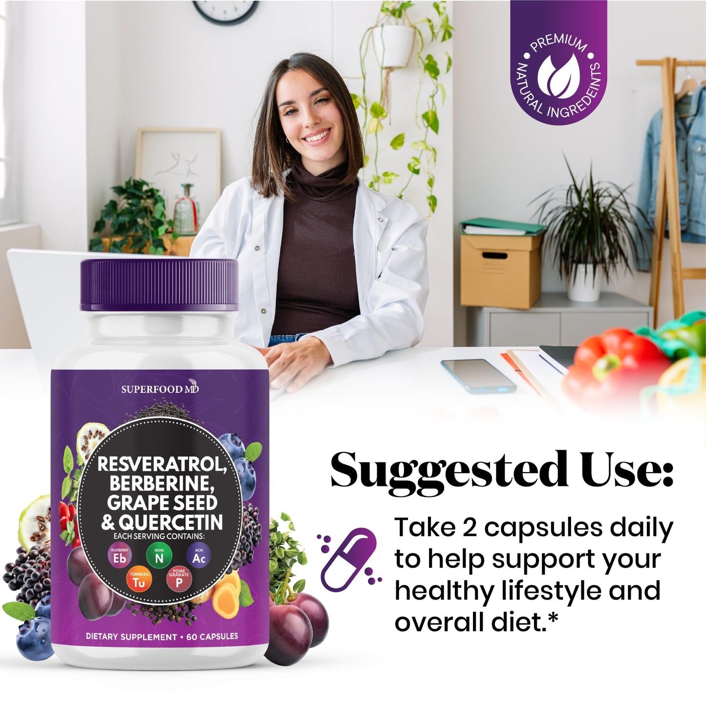 Superfood MD Resveratrol Berberine Grape Seed Extract Quercetin Polyphenol Capsule, 60 Capsules
