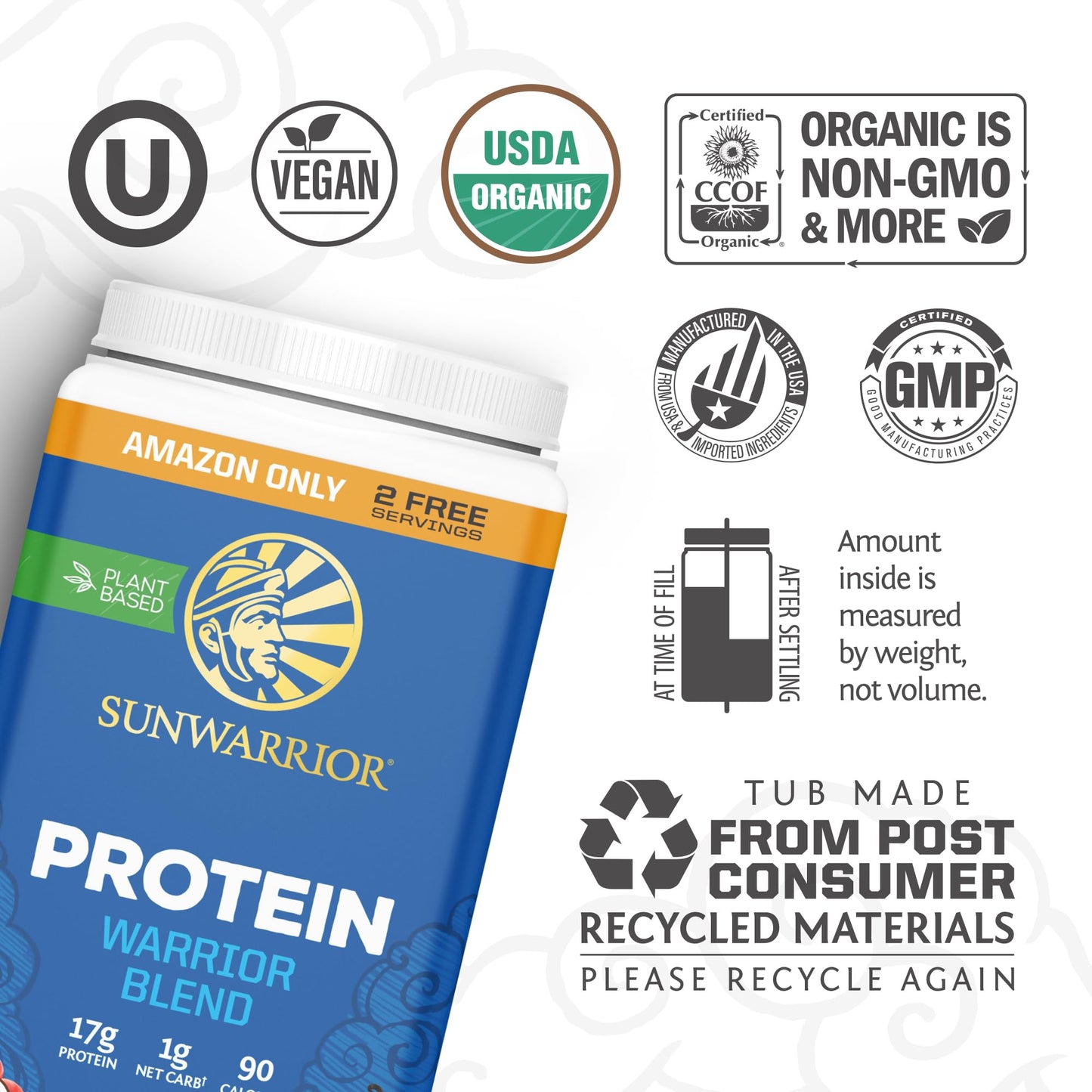 Sunwarrior Organic Plant Based Protein Powder Vanilla Flavor, 32 Servings
