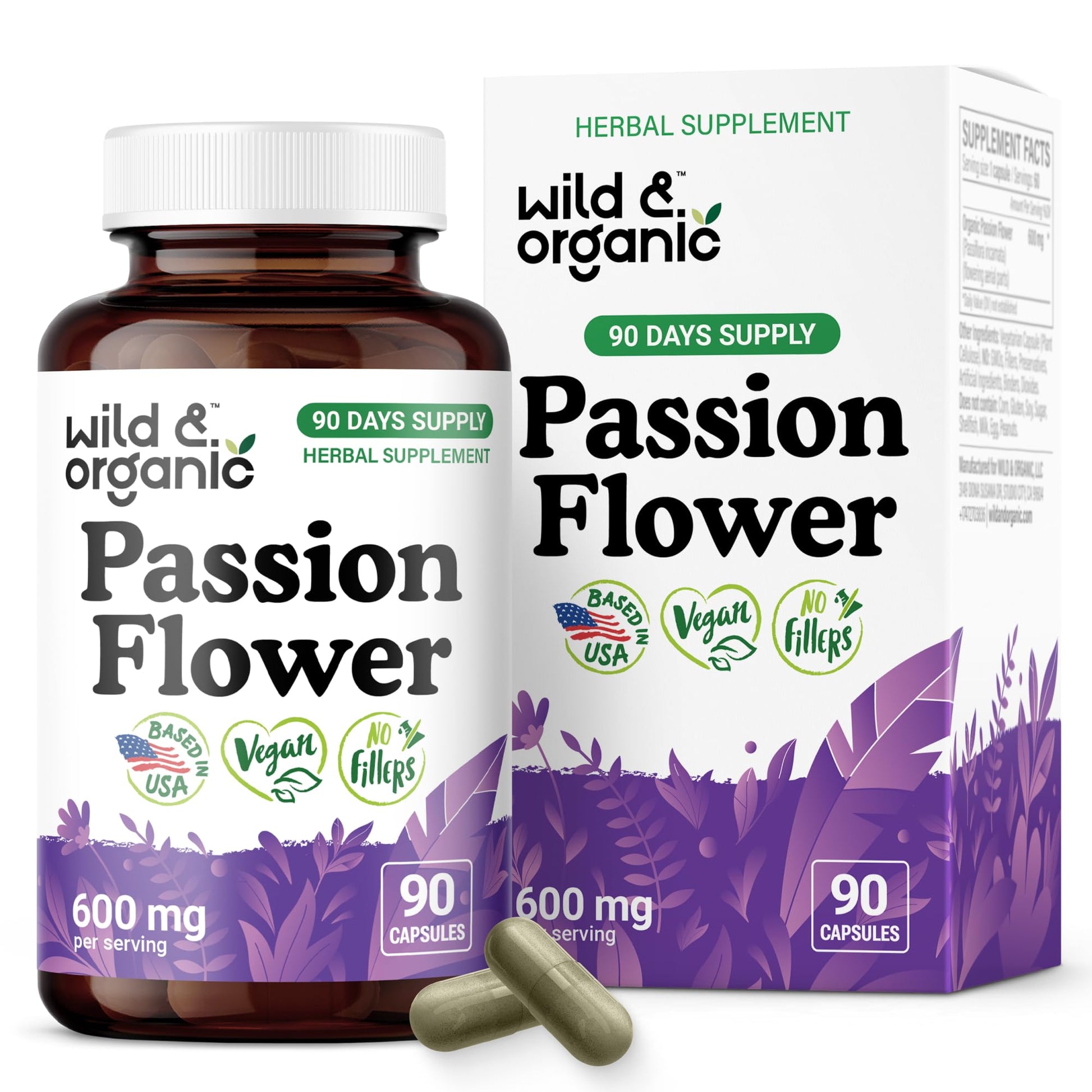 Wild & Organic Passion Flower Capsules 600 mg, 90 Count