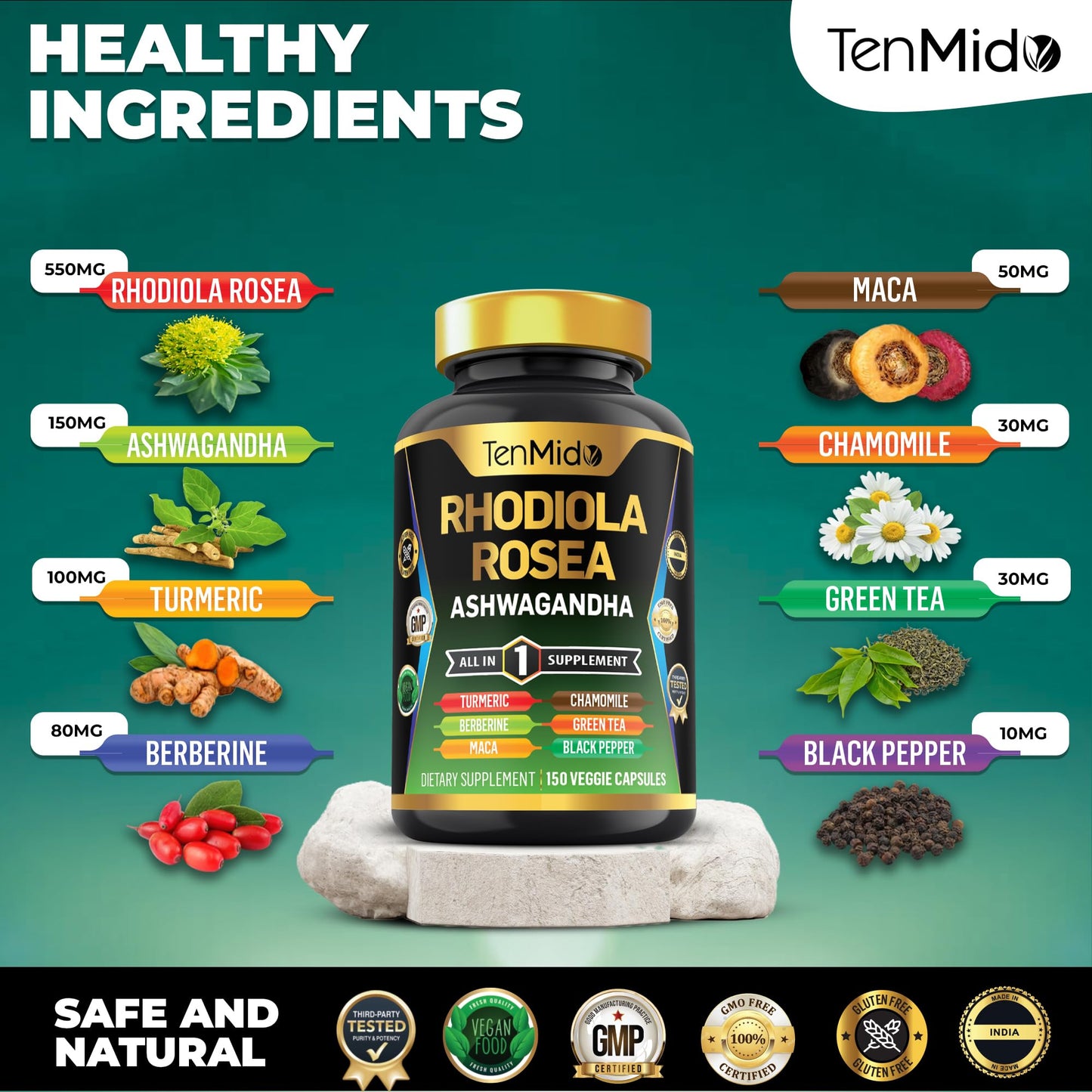 Tenmido Rhodiola Rosea Supplement Capsules, 150 Vegan Capsules