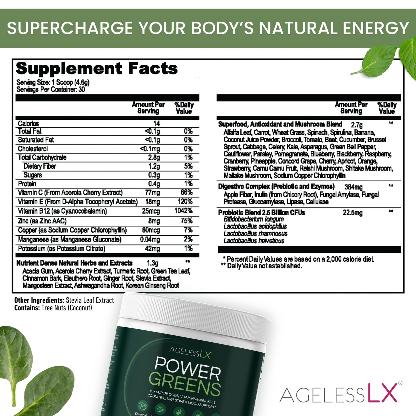 AgelessLX Power Greens Powder, 4.66 Ounce
