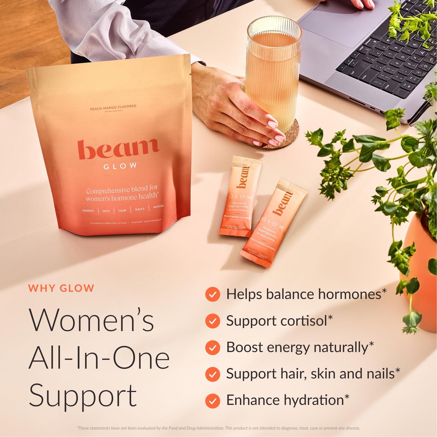 BEAM Glow Hormone Support & Cortisol Supplement for Women Peach Mango Powder, 15 Servings