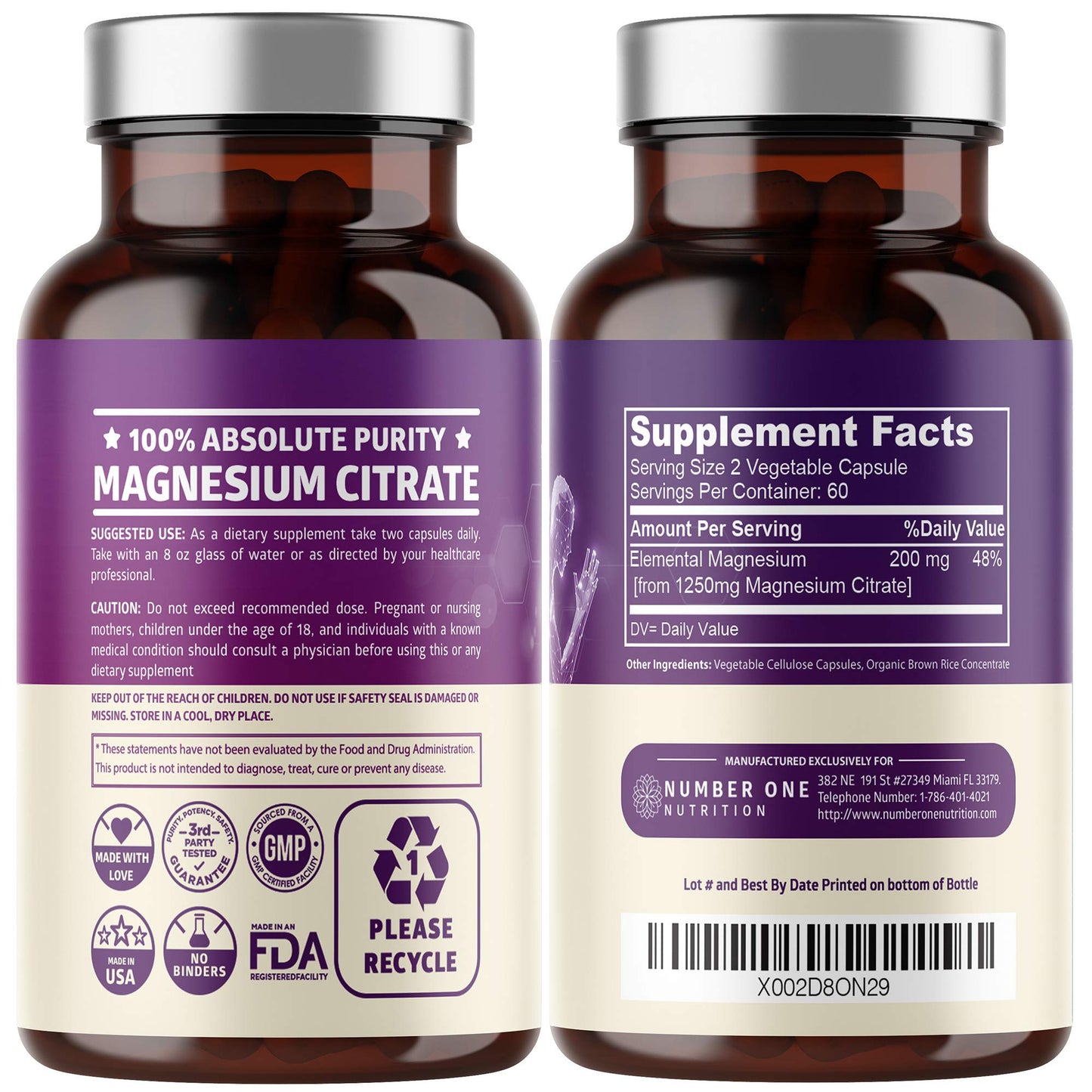 Number One Nutrition Pure Magnesium Citrate Capsules 1250mg, 120 Count