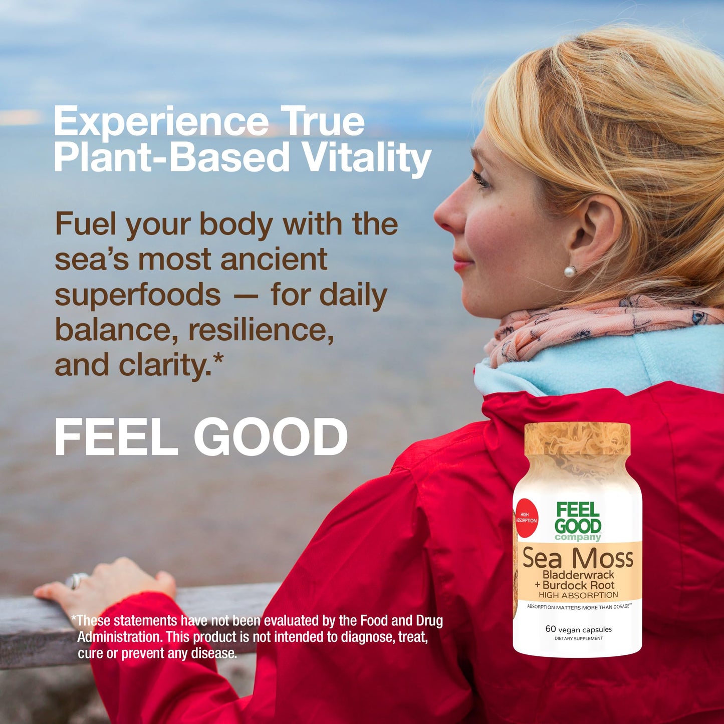 FeelGood Superfoods Sea Moss Bladderwrack with Burdock Root Supplement High Absorption 60 Capsules Plant-Based Superfood for Thyroid Support