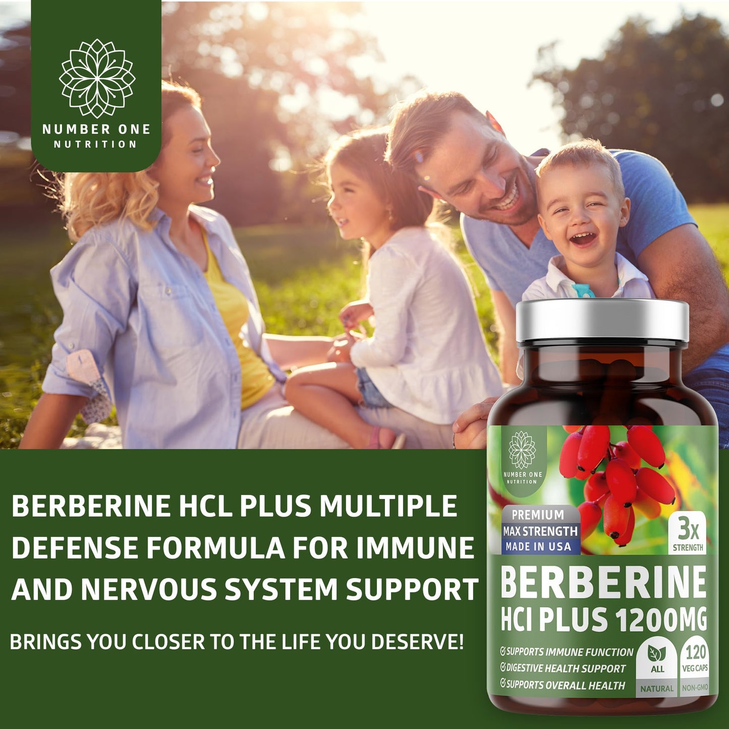 Number One Nutrition Berberine HCl Supplement 1200mg Pure Berberis Aristata Capsules, 120 Count
