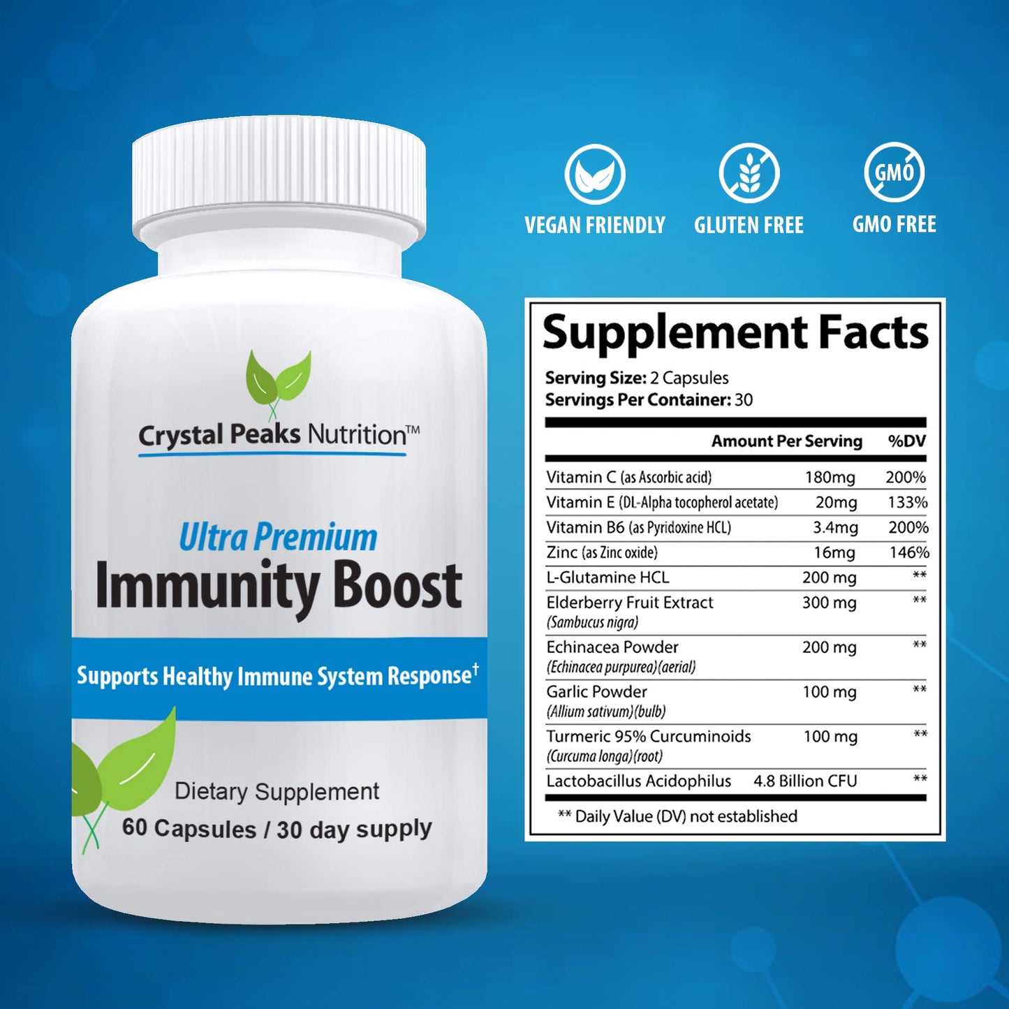 CRYSTAL PEAKS NUTRITION Immune Support Capsules with Elderberry, Vitamin C, Echinacea, Garlic, Zinc, Turmeric, and More, 60 Capsules