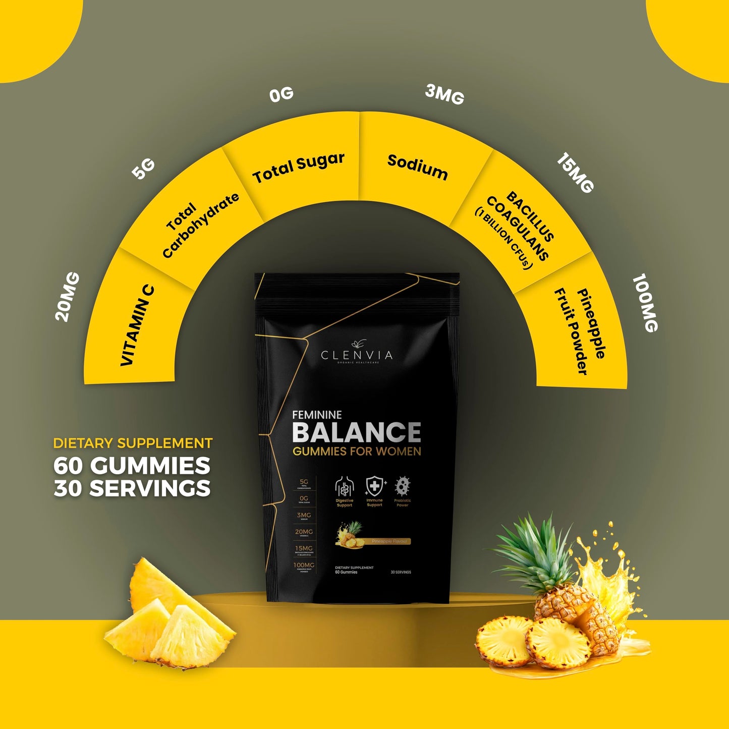 CLENVIA Premium Feminine Balance Gummies for Women – Probiotic with Vitamin C – Pineapple Flavor, 60 Gummies