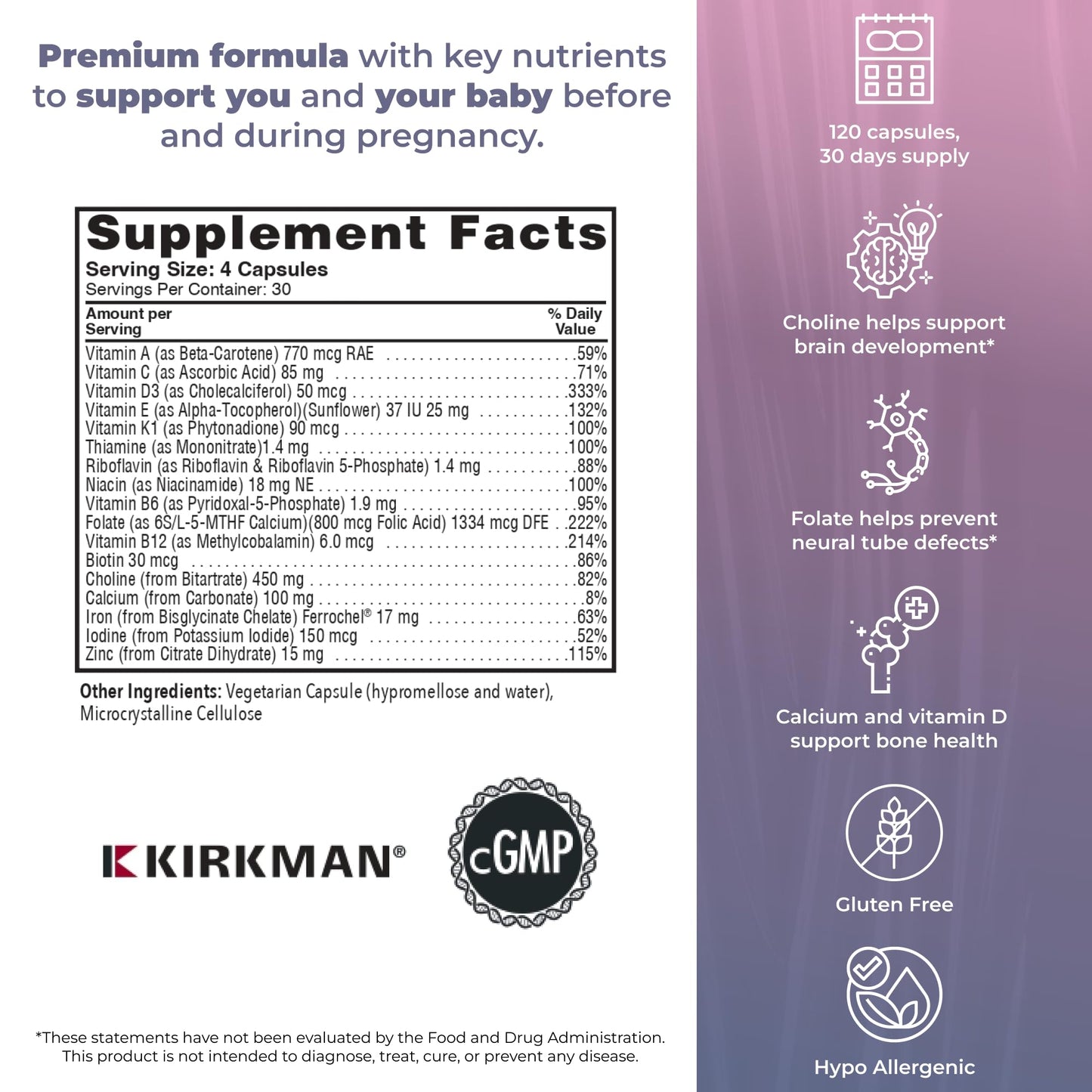 Kirkman P2i Prenatal Vitamins for Women, Multivitamin with Choline Capsules 120