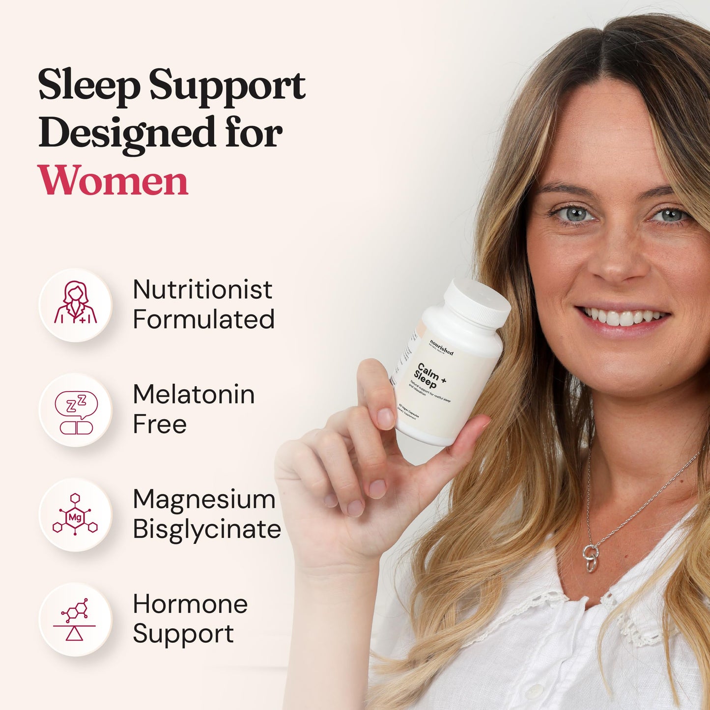 Nourished Natural Health Calm + Sleep – Relaxation & Melatonin-Free Sleep Supplement for Women, Cortisol Support with Ashwagandha, L-Theanine, Magnesium & Valerian Root – Vegan & Non-GMO, 180 Capsules