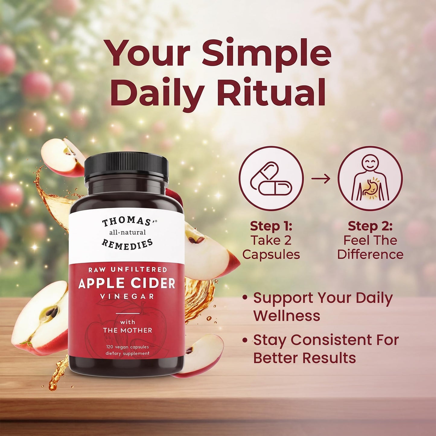 Thomas' all-natural Remedies Apple Cider Vinegar with the Mother, Raw & Unfiltered ACV Capsule 120