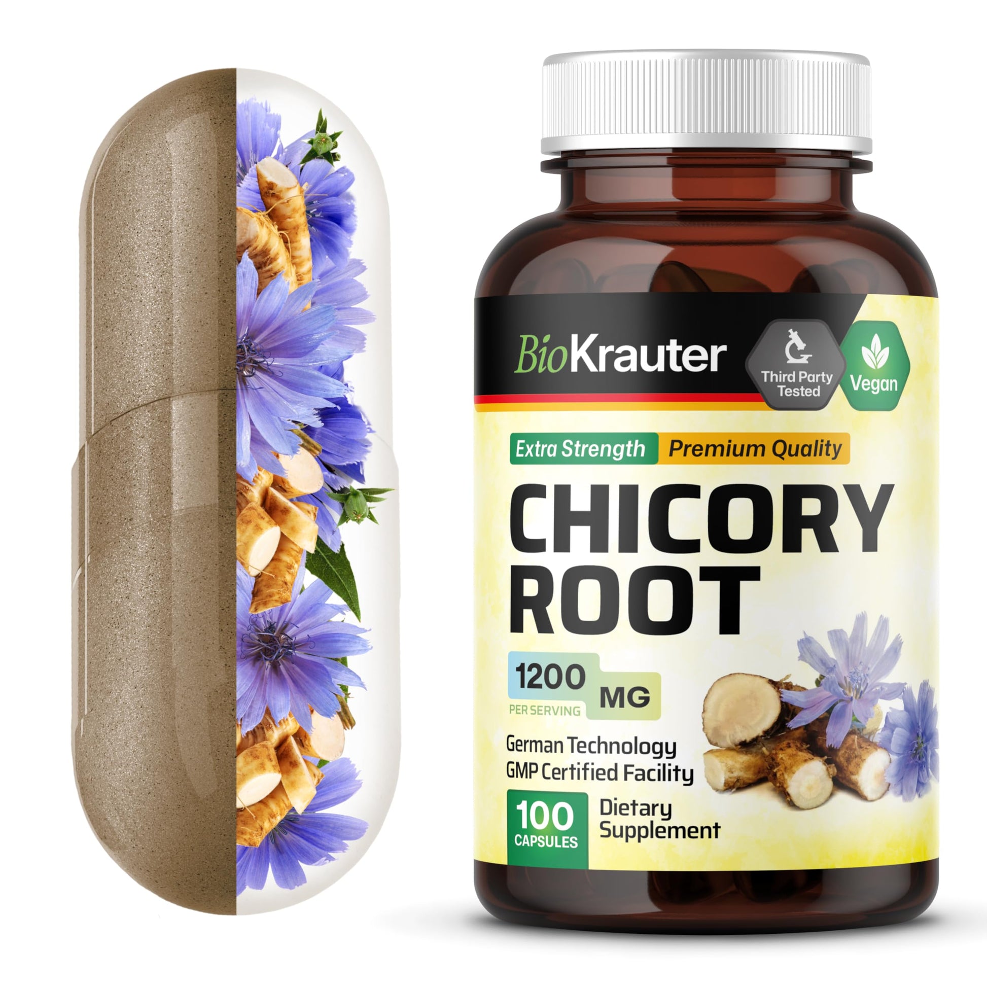 BIO KRAUTER Chicory Root for Gut & Digestive Support Capsules, 100 Count