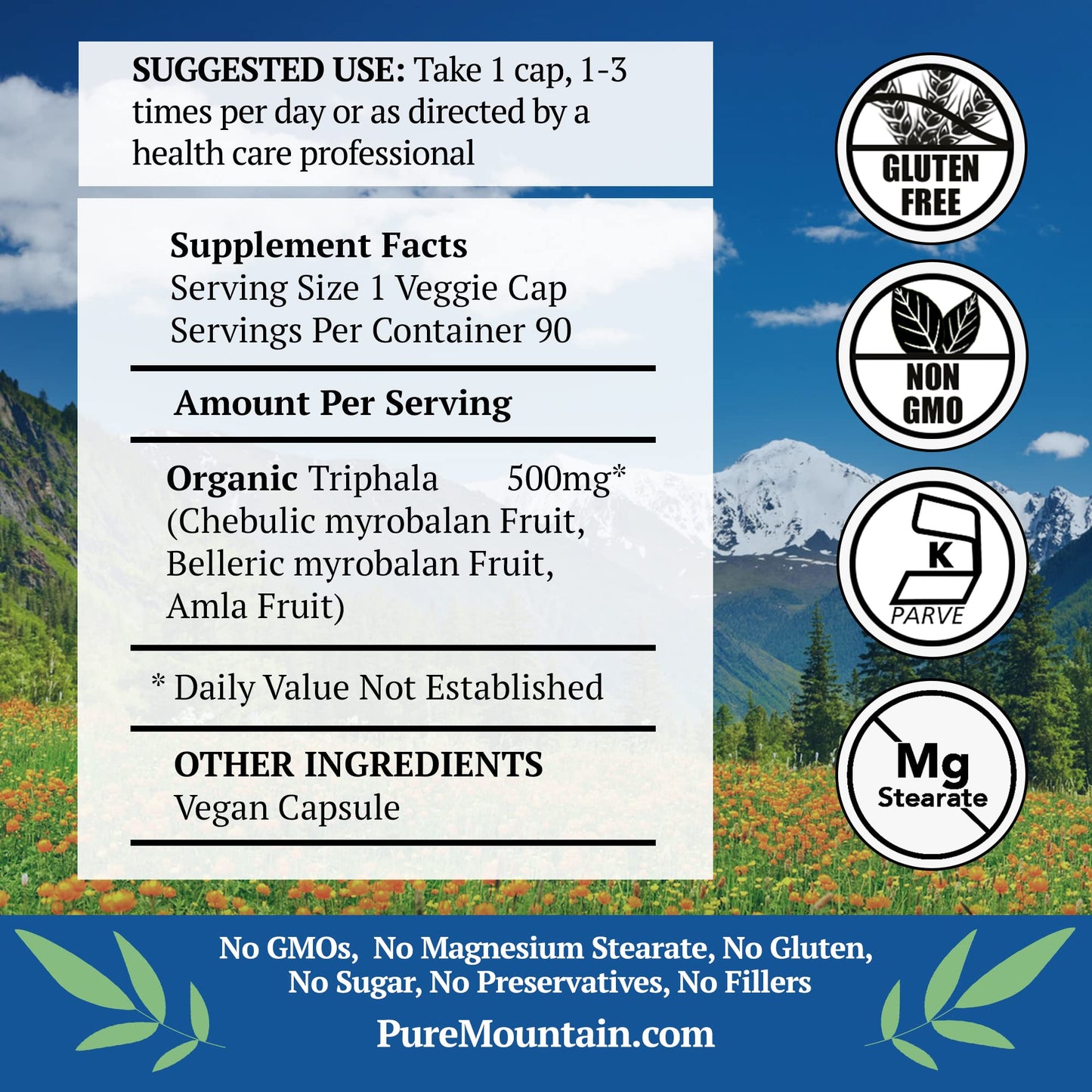 Pure Mountain Botanicals Triphala 500mg Organic Amla Fruit Capsules, 90 Count