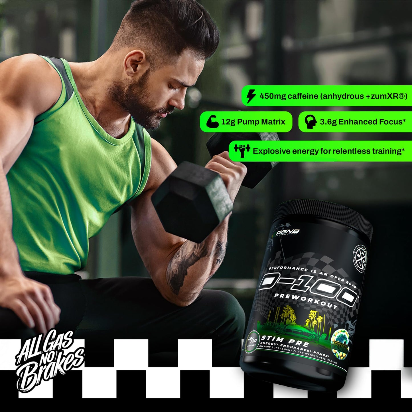 All Gas No Brakes Supplements 0-100 Pre Workout Powder, 16 Servings