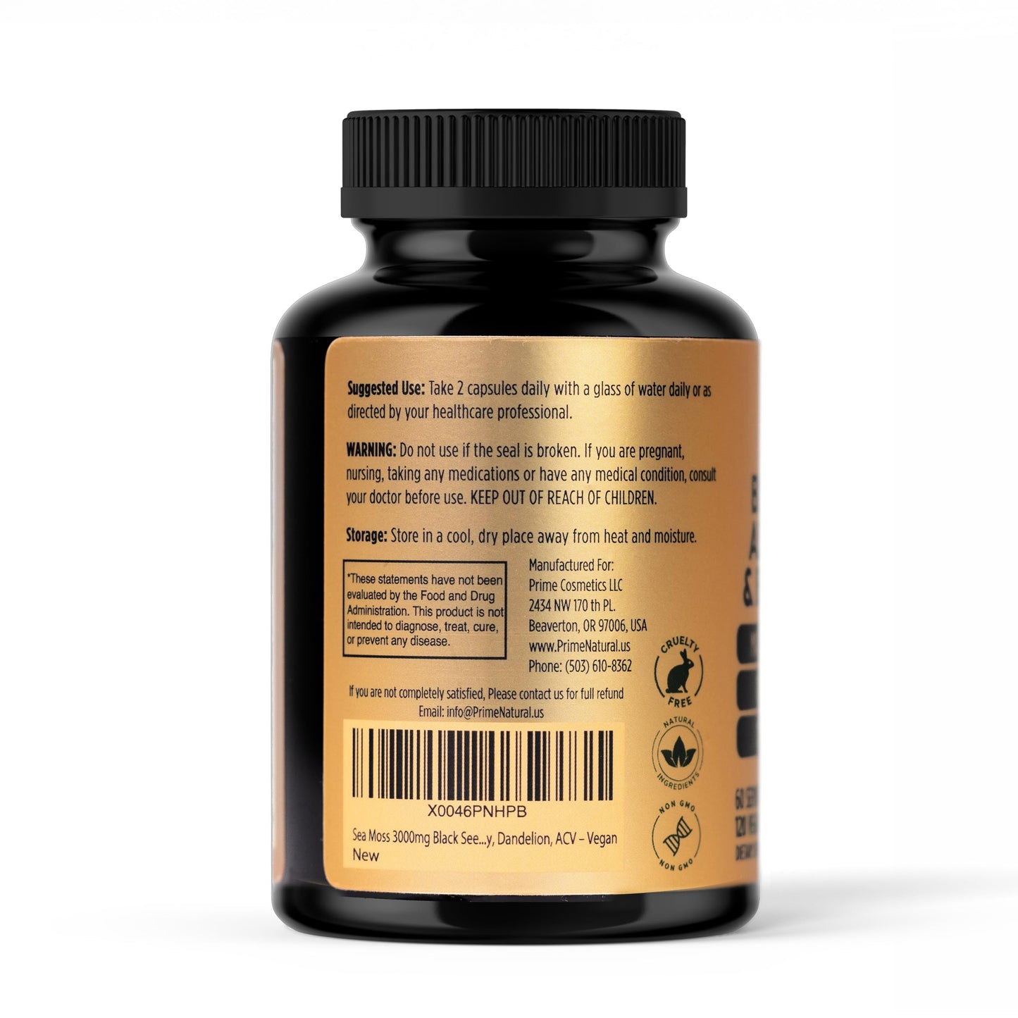 PRIME NATURAL Sea Moss 300mg, Black Seed Oil 200mg, Ashwagandha 100mg, Turmeric, Bladderwrack, Burdock, Manuka Honey, Dandelion, ACV 120 Capsules