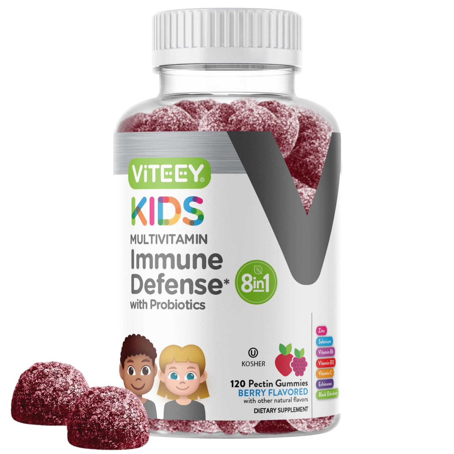 Viteey Kids Multivitamin Gummies with Probiotics - 8-1 Kids Vitamins for Immune Health Support with Vitamin C, D3, B12, B6, Zinc, Elderberry, Selenium - Vegetarian - Chewable Tasty Berry Flavored - 120 Gummies