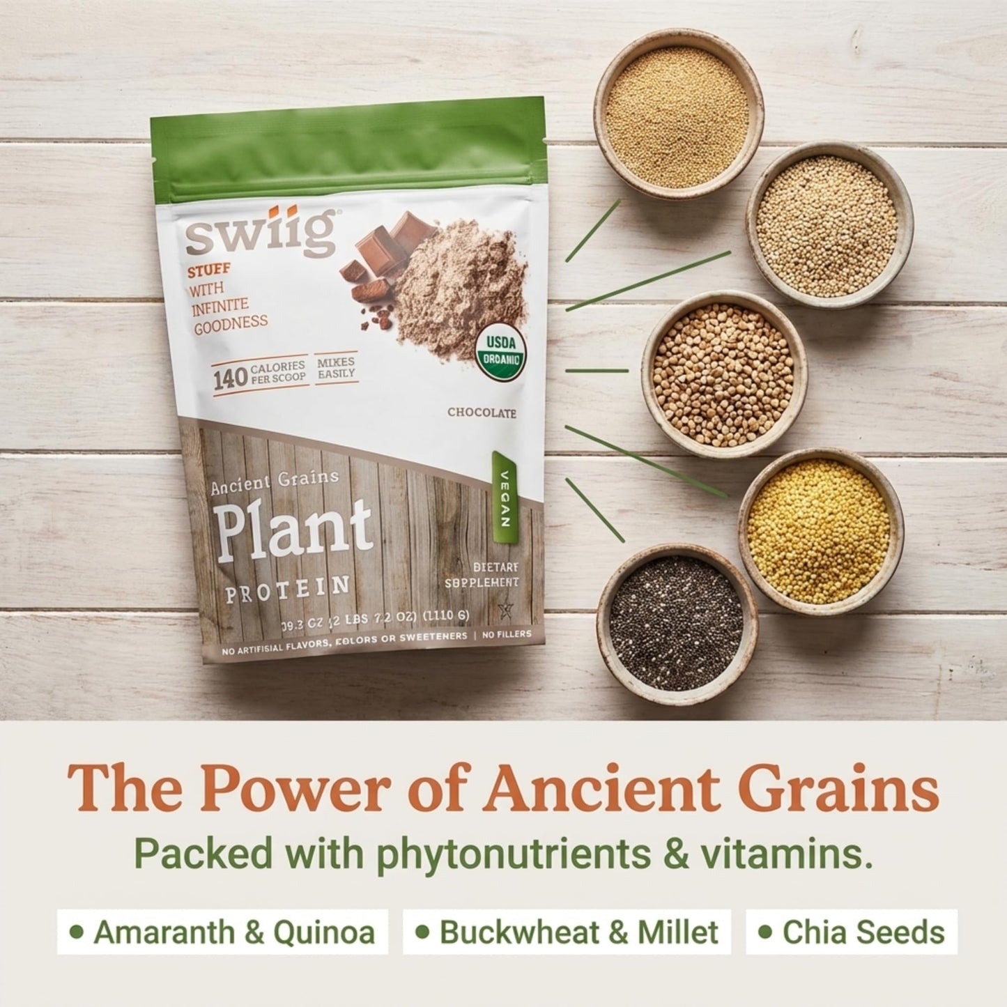 swiig Organic Plant Protein Powder Rich Chocolate, 39.6 Servings