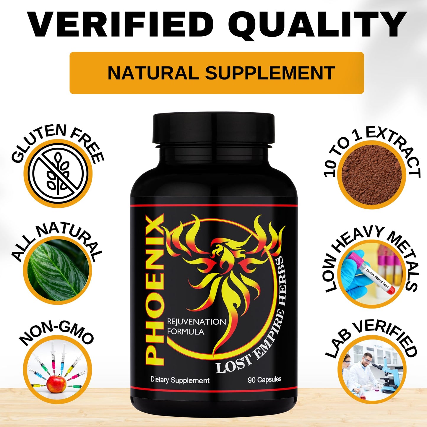 Lost Empire Herbs Phoenix Rejuvenation Formula Energy Blend of 4 Natural Health Herbs Pine Pollen, He Shou Wu, Ant, and Shilajit Capsules, 90 Count