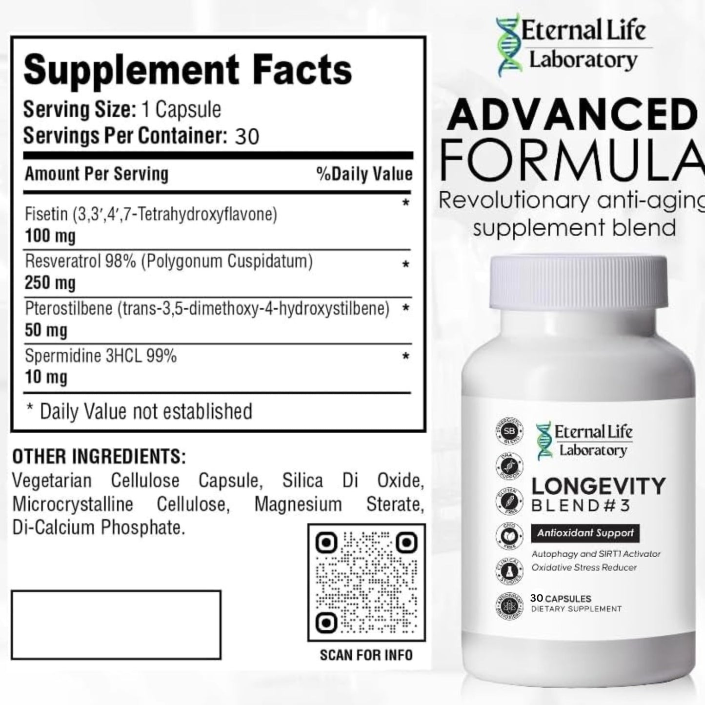 Eternal Life Laboratory Longevity Blend #3 Resveratrol 98% with Fisetin Pterostilbene Spermidine Anti Aging Oxidative Stress Reducer Antioxidant Supplement AMPK Activator 30 Capsules
