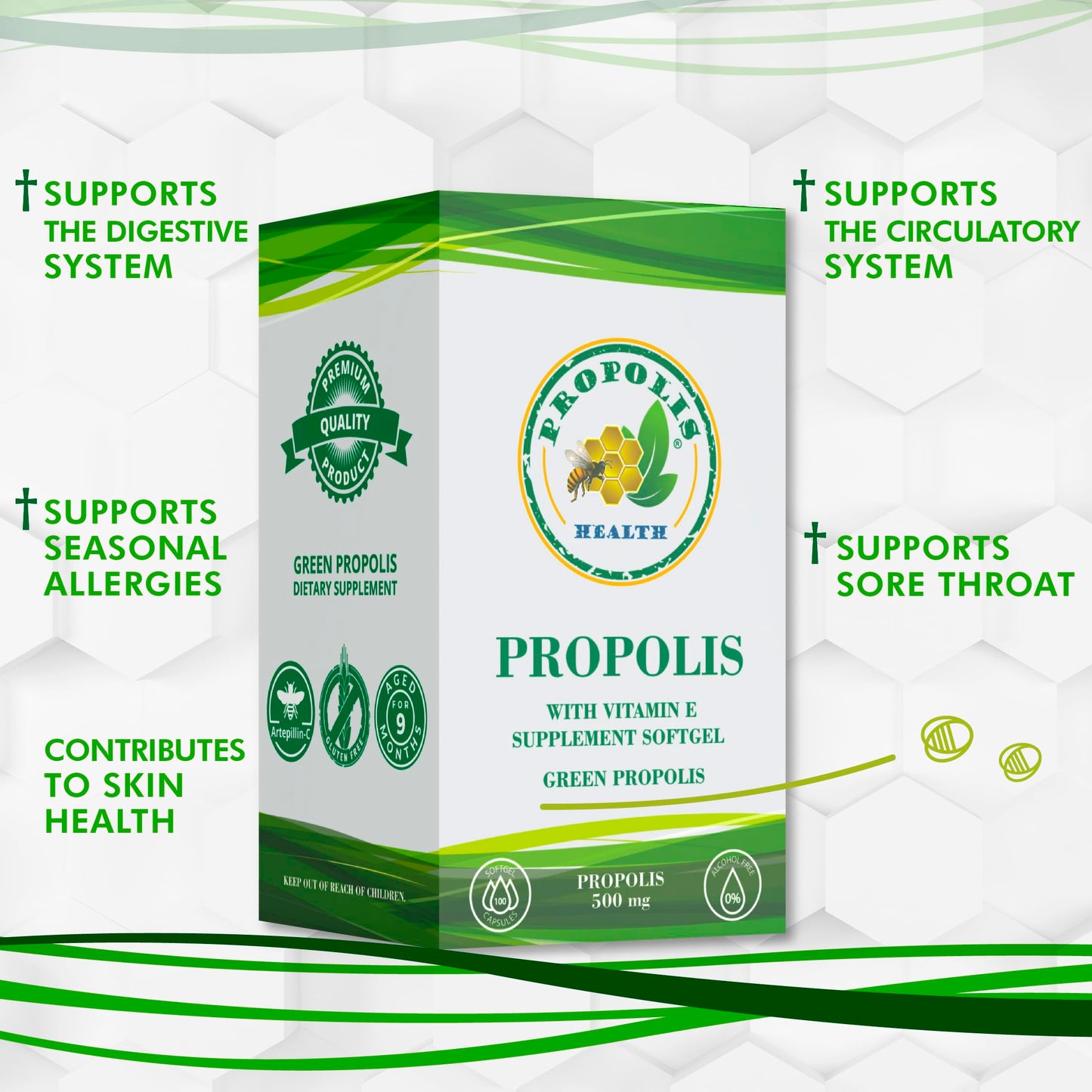 Propolis Health Propolis Capsules 1000mg with Vitamin E, Pure Brazilian Green Propolis Extract, Immune Booster, 100 Capsules
