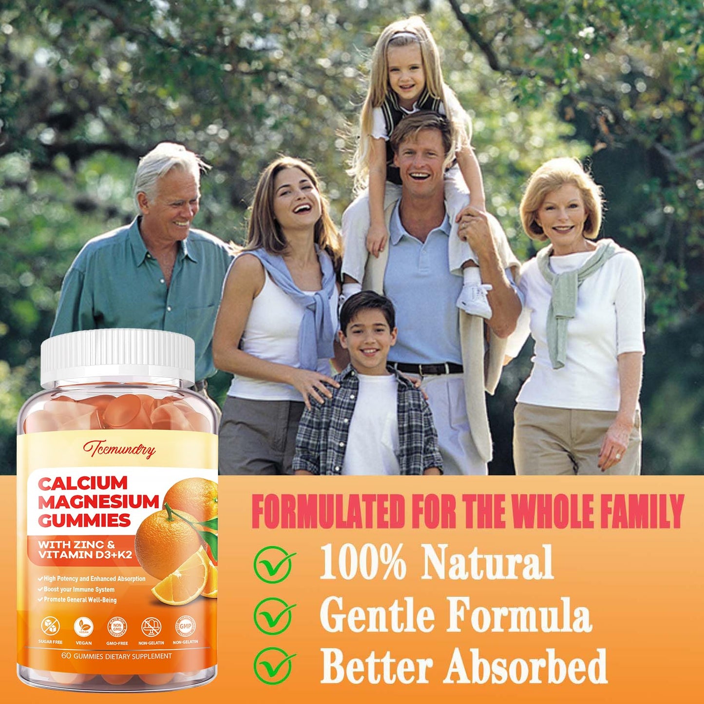 Tcemundry Calcium Magnesium Zinc Gummies with Vitamin D3 & K2, Magnesium Glycinate 400mg, Sugar Free Calcium Supplement, 120 Gummies