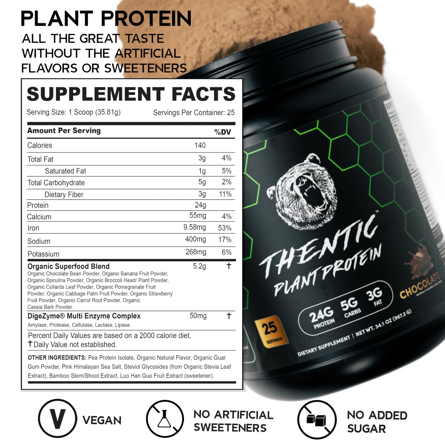 THENTIC Plant Based Protein Powder, 2.1 lb