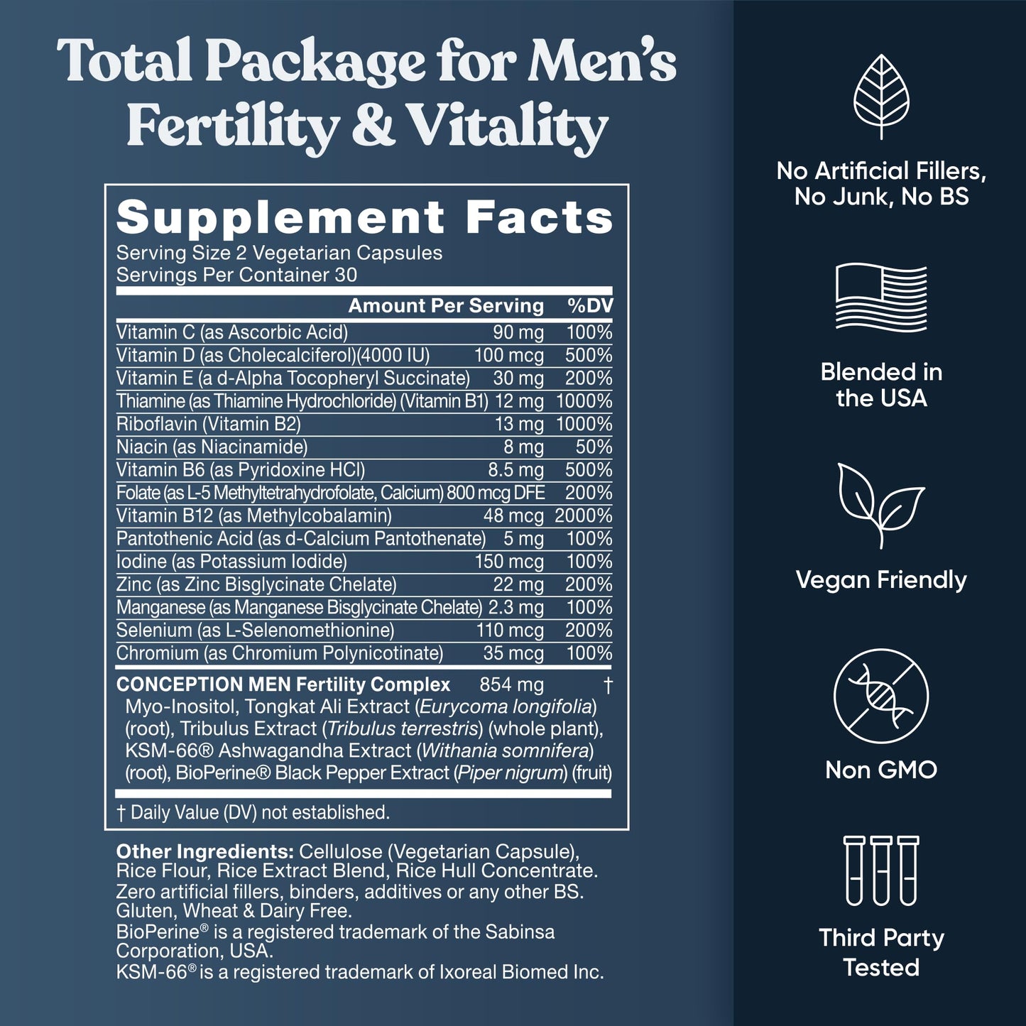 Eu Natural Conception for Him - Male Fertility Supplements with Ashwagandha, Folate & Zinc - Sperm Count, Motility & Strength Support - 120 Capsules