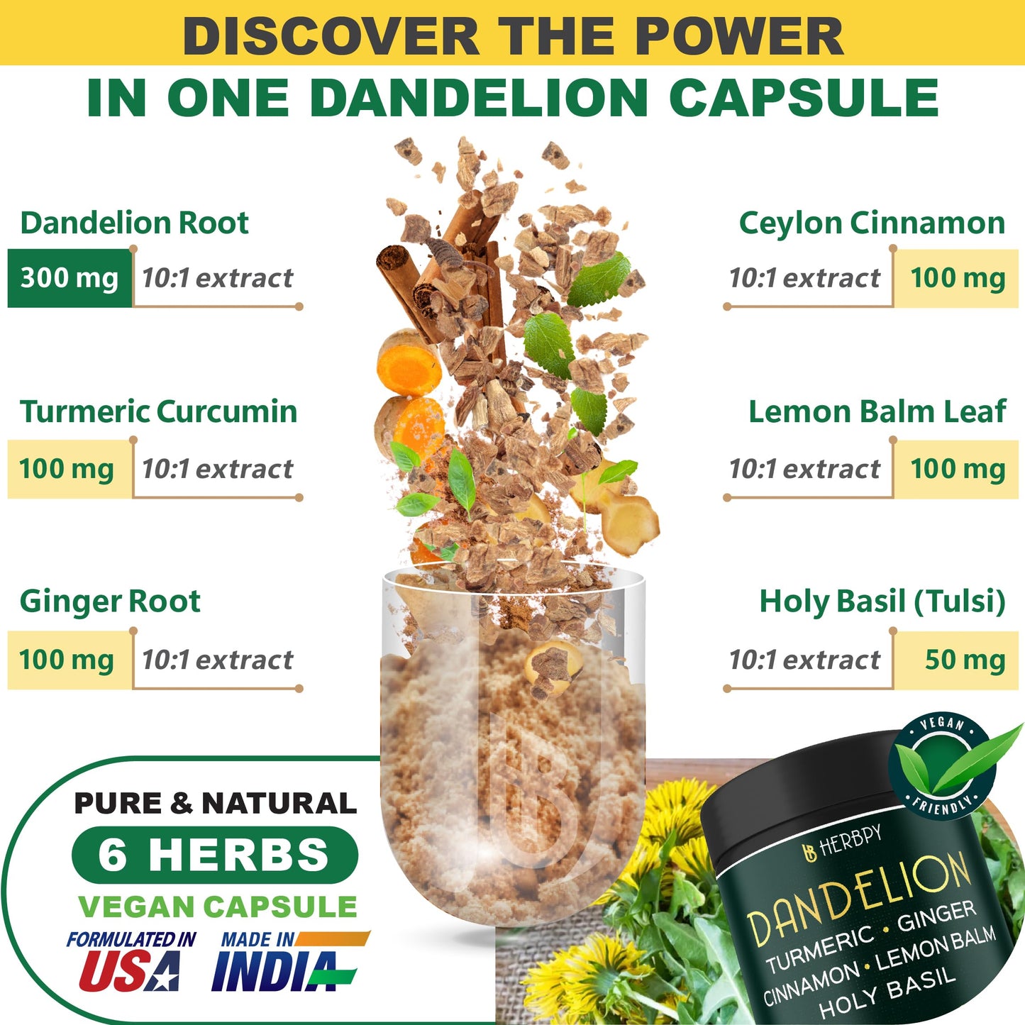 Herbpy Dandelion Root Supplement Capsules 100 Count
