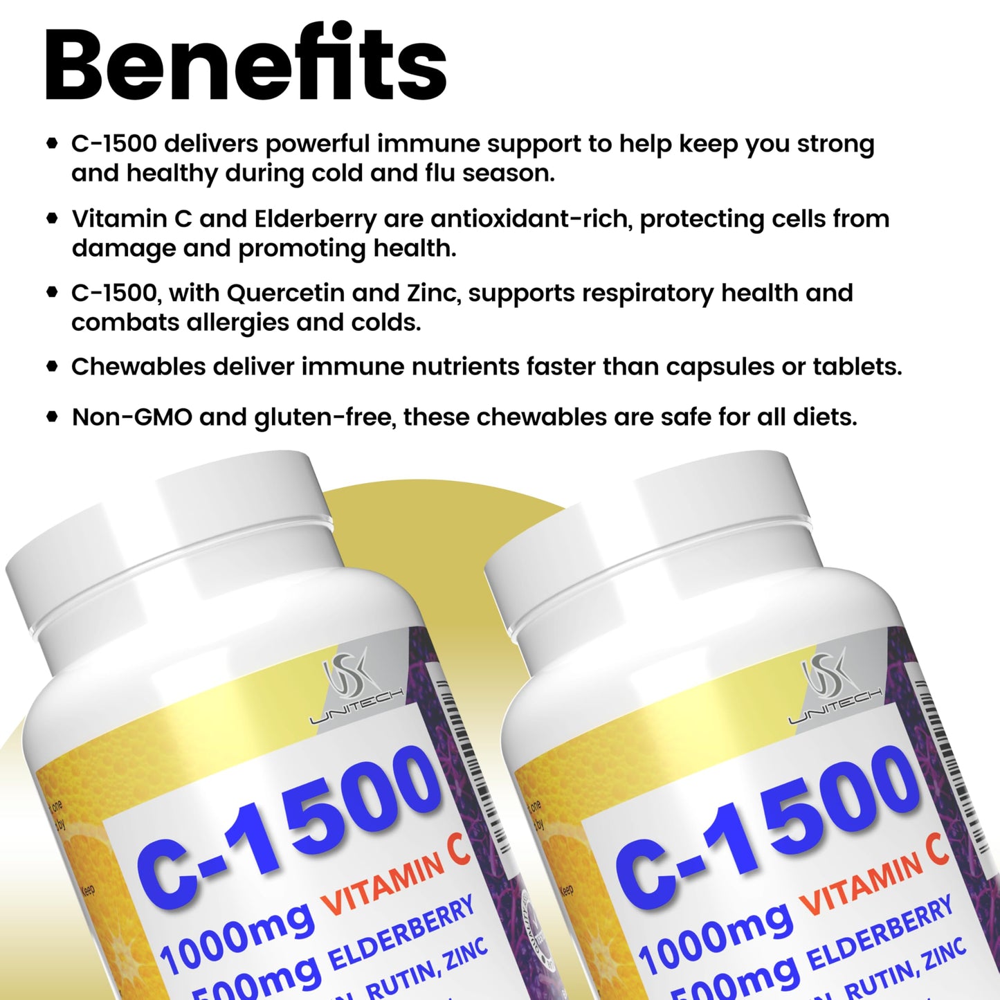 USK C-1500 Vitamin C 1000mg & Elderberry 500mg Immune Support Chewable, 1 Count