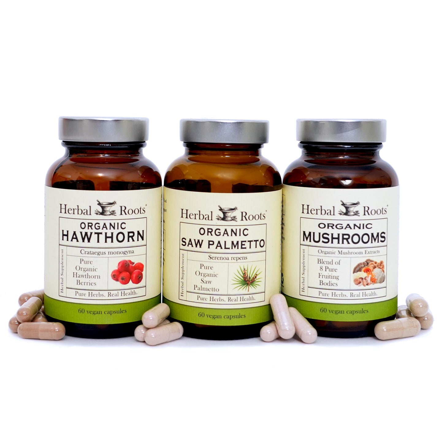 Herbal Roots Organic Men's Health Supplement Bundle Saw Palmetto, 8-Mushroom Blend, Hawthorn, Heart and Prostate Support Capsules, 180 Count
