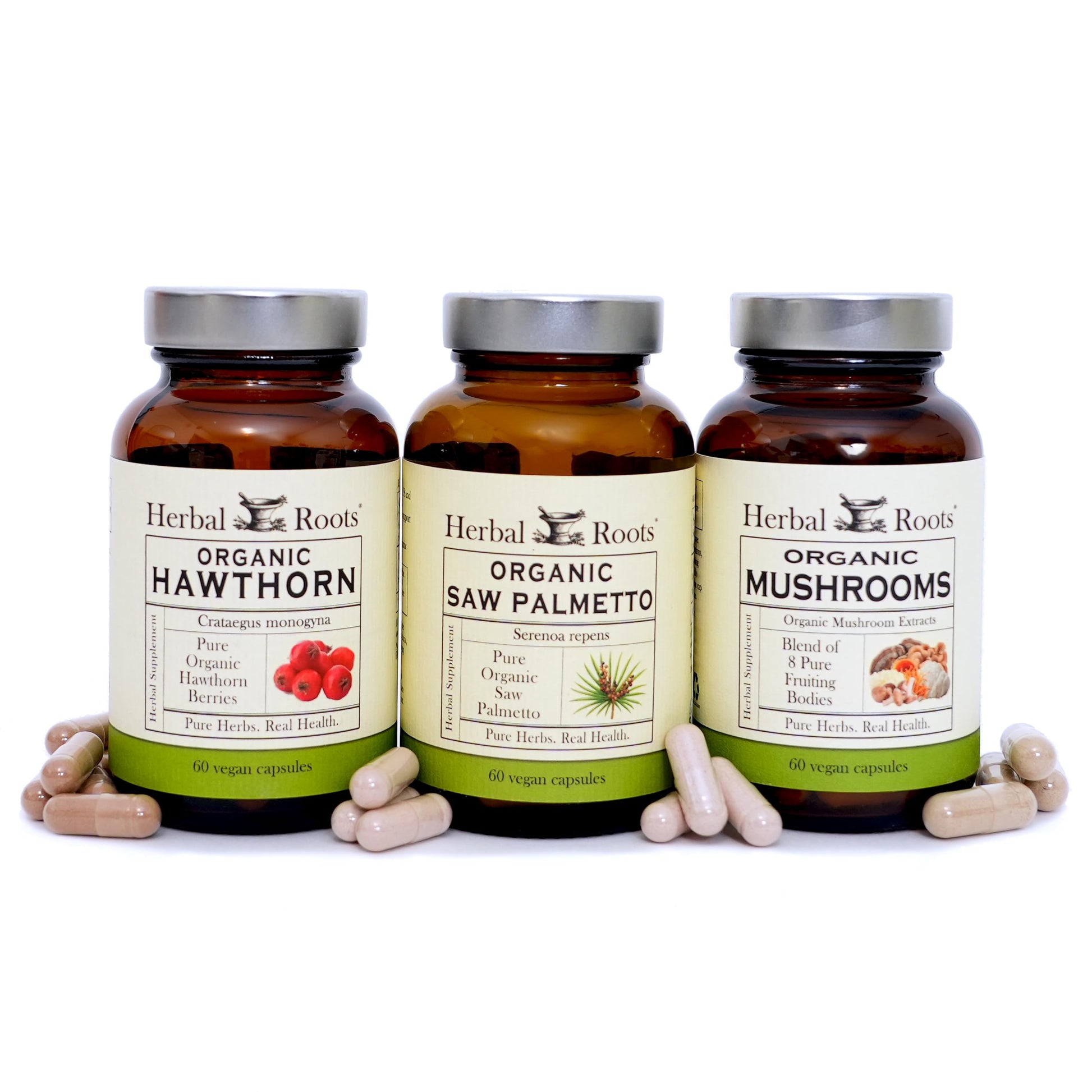 Herbal Roots Organic Men's Health Supplement Bundle Saw Palmetto, 8-Mushroom Blend, Hawthorn, Heart and Prostate Support Capsules, 180 Count