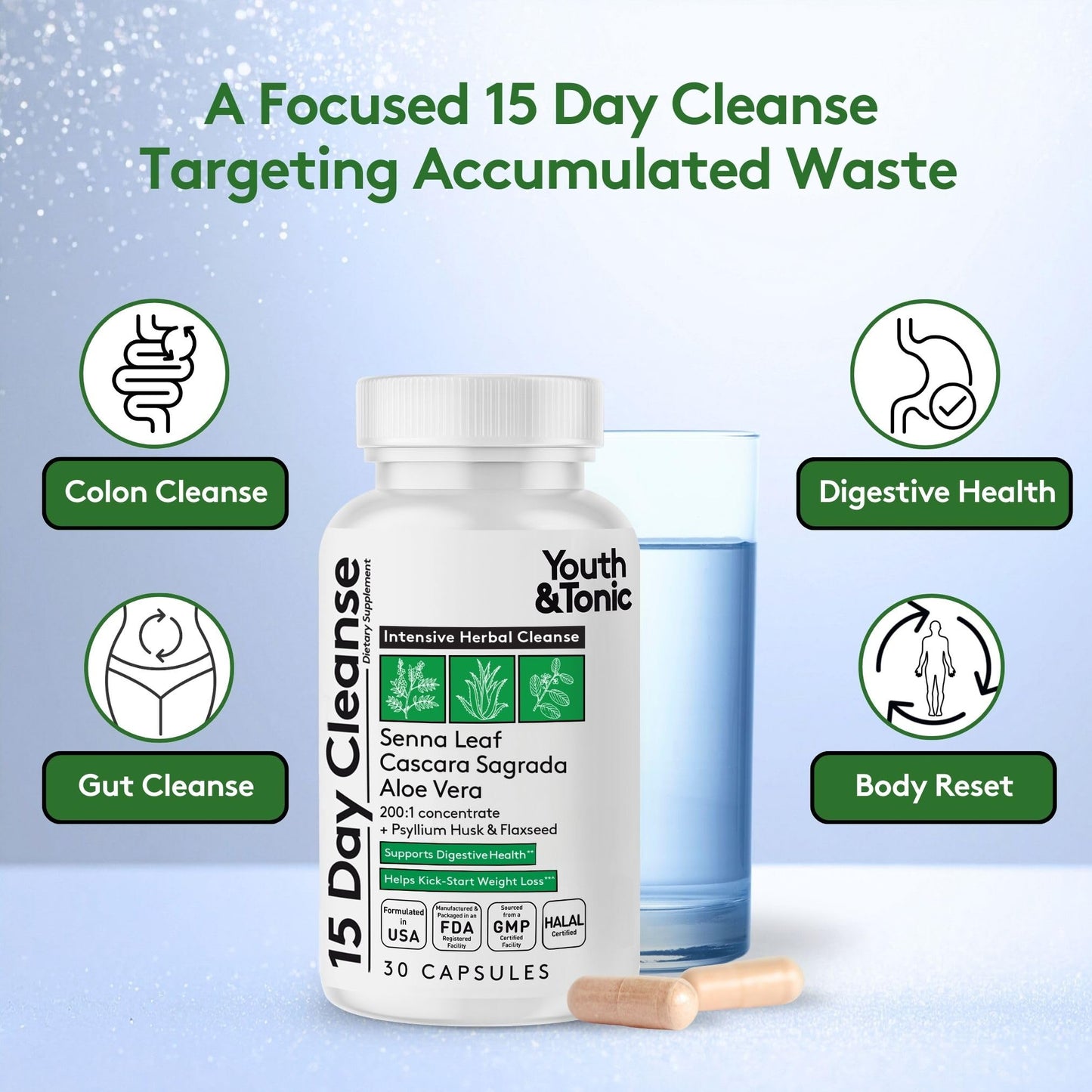 Youth & Tonic 15 Day Colon Cleanse and Probiotic Enhanced Apple Cider Vinegar Detox Capsules, 180 Count
