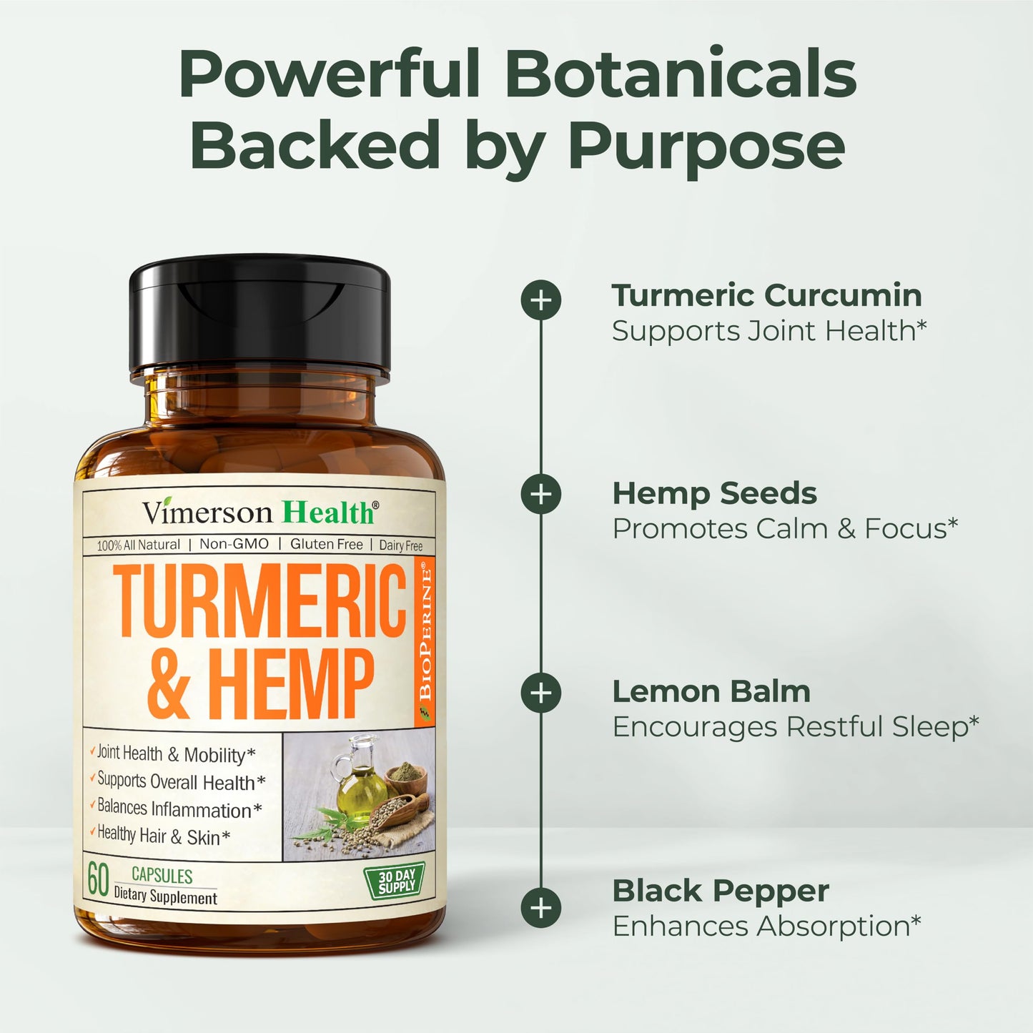 Vimerson Health Turmeric Curcumin Supplement with Hemp Seeds & Lemon Balm Extract – Joint Health & Mobility Capsule, 120 Count