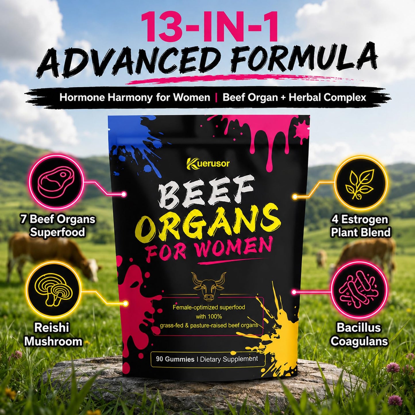 Kuerusor Beef Organ Supplement for Women, 100% Grass-Fed Gummy, 90 Count
