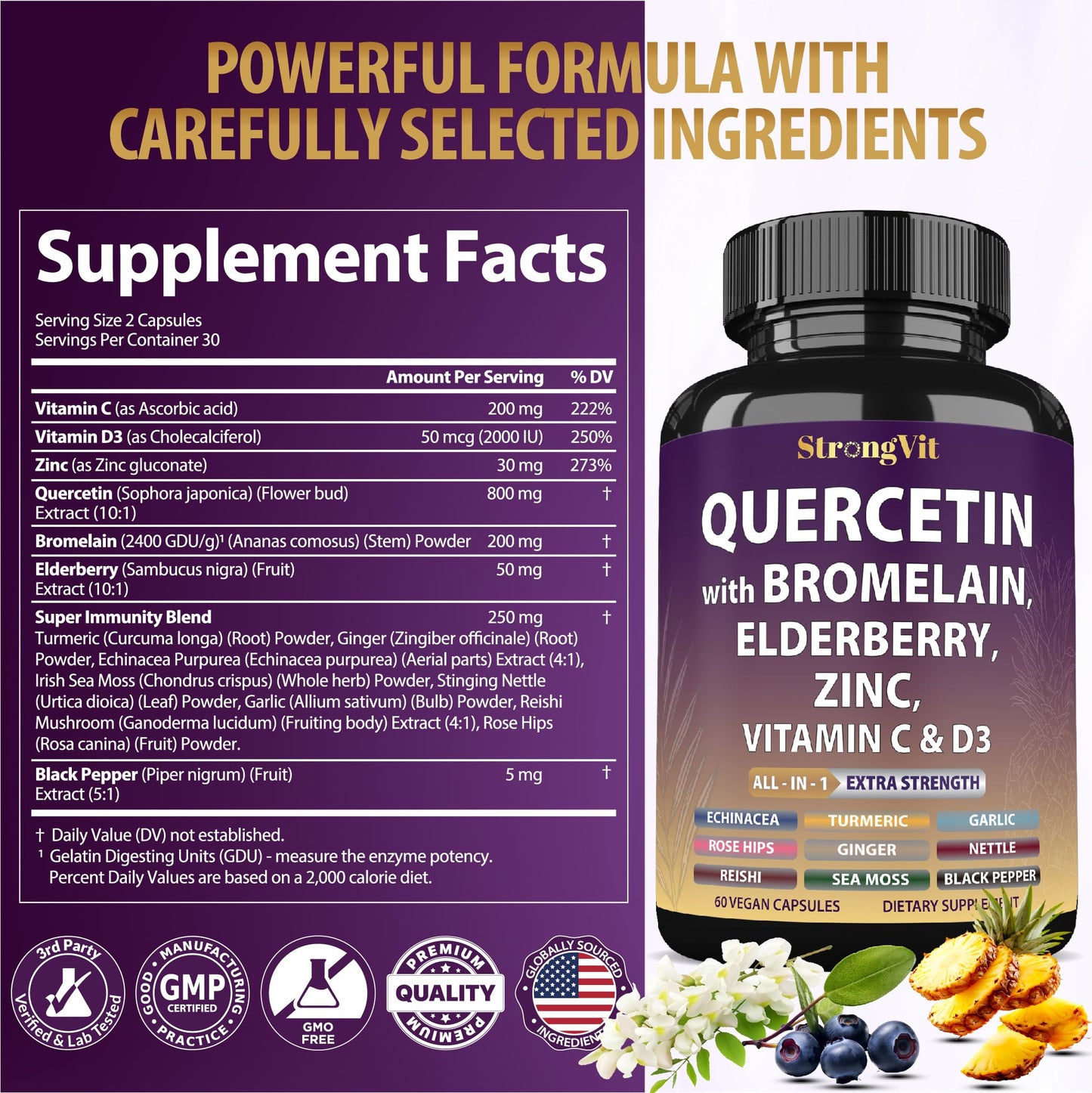 StrongVit Quercetin with Bromelain, Elderberry, Vitamin C, D3 and Zinc 60 Capsules