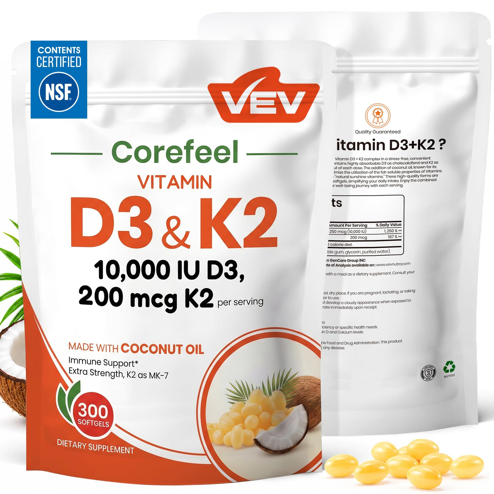 VEV Vitamin D3 K2 10,000 IU, 200 mcg MK-7, 300 Softgels