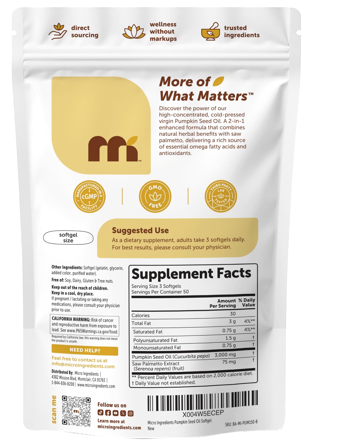 Micro Ingredients Pumpkin Seed Oil with Saw Palmetto Softgels 150