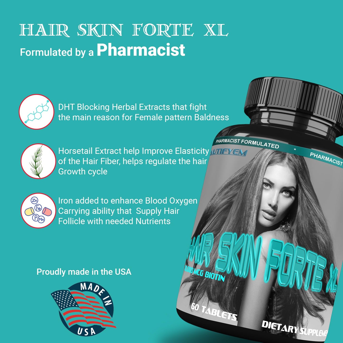BEAUTIFYEM Hair Skin Forte XL Hair & Skin Growth Complex 10,000 mcg Biotin + Collagen Peptides Promotes Thicker, Stronger, Healthier Hair & Radiant Skin 60 Tablets