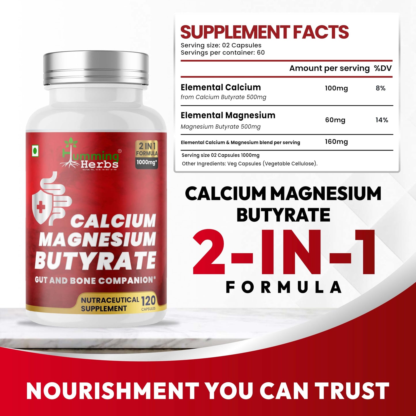 Humming Herbs Calcium Magnesium Butyrate Capsules 120 Capsules