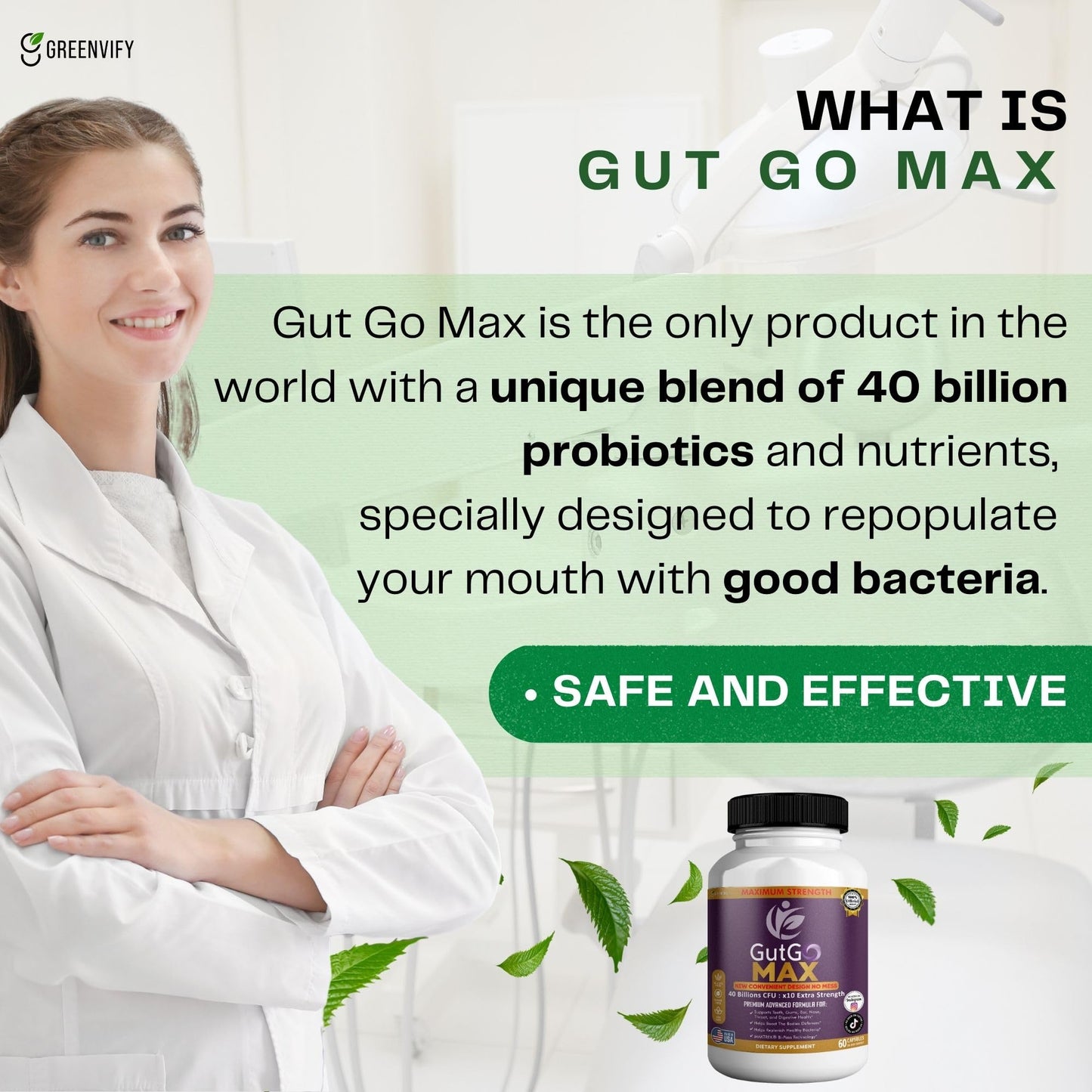 GREENVIFY GutGo Max Probiotic Supplement Capsule, 60 Capsules, 40 Billion CFU, Maximum Strength, Gluten Free, Sugar Free