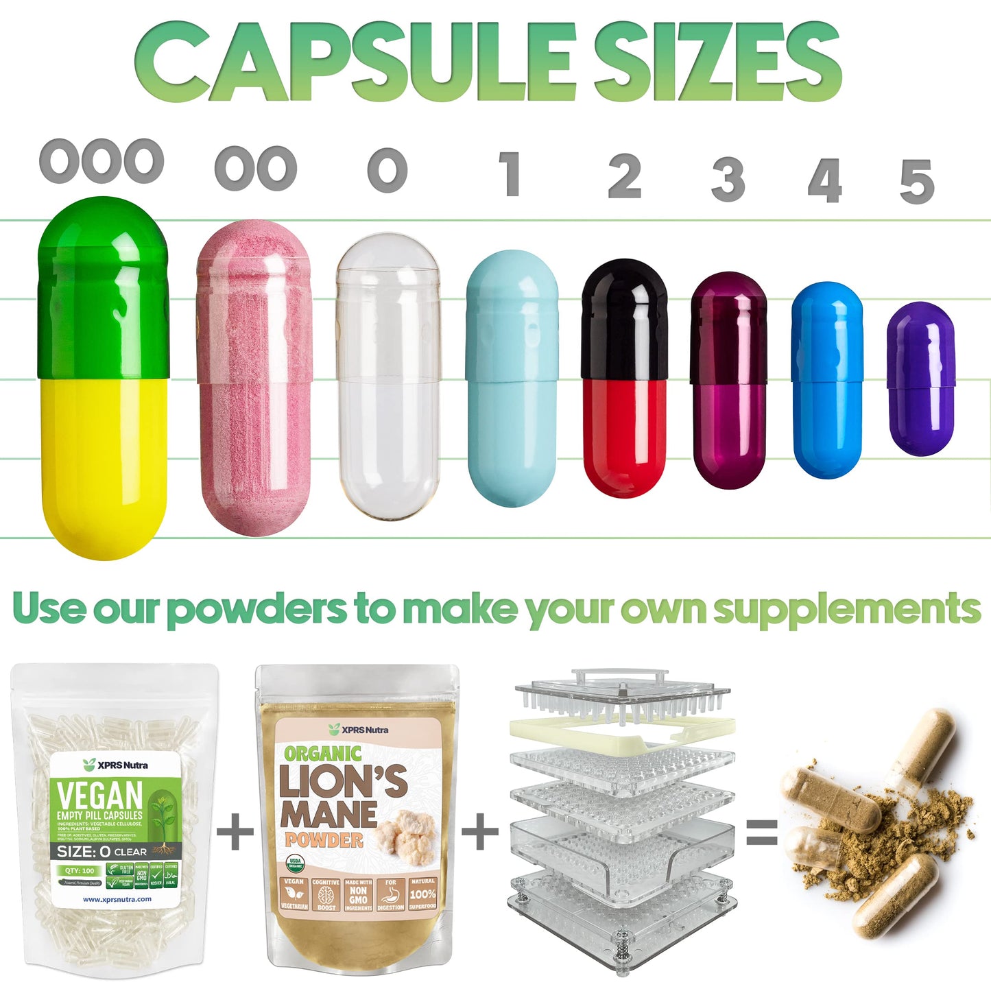 XPRS Nutra Size 00 Empty Capsules 500 Count Sage Green