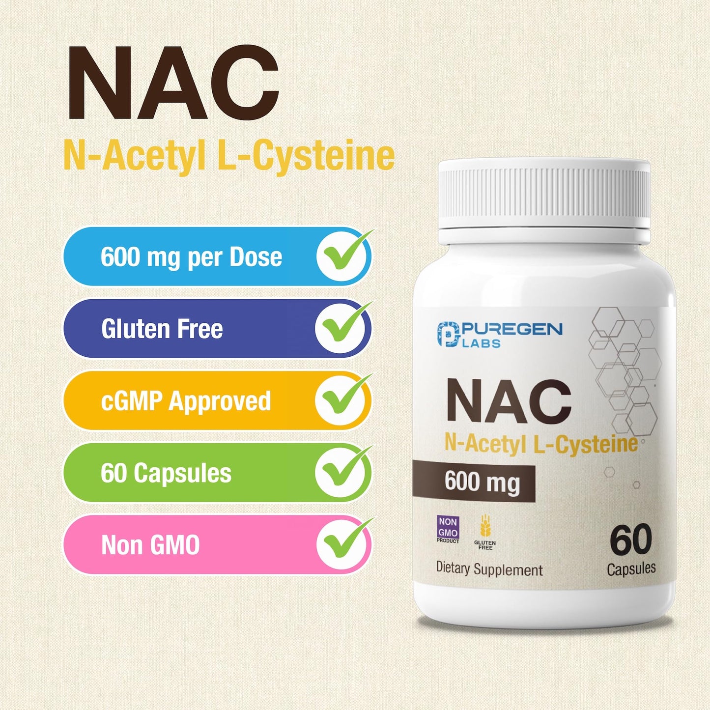 P Puregen Labs N-Acetyl-L-Cysteine (NAC) 600mg Vegetarian Capsules 120
