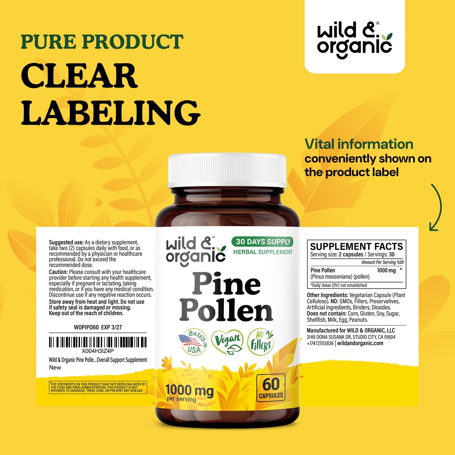 Wild & Organic Pine Pollen for Men Capsules, 60 Count